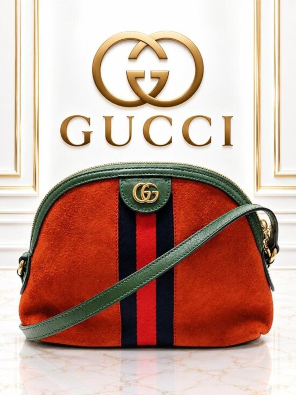 Authentic Gucci Ophidia GG Suede Web Stripe Dome Crossbody Shoulder Bag